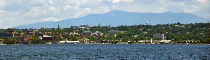 View of Burlington from the lake with Mount Mansfield in the background