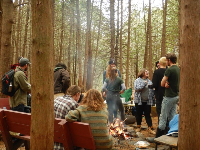 Students gather around a campfire in the woods